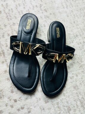 Michael Kors Black Leather MK Logo Thong Sandals with Gold Hardware